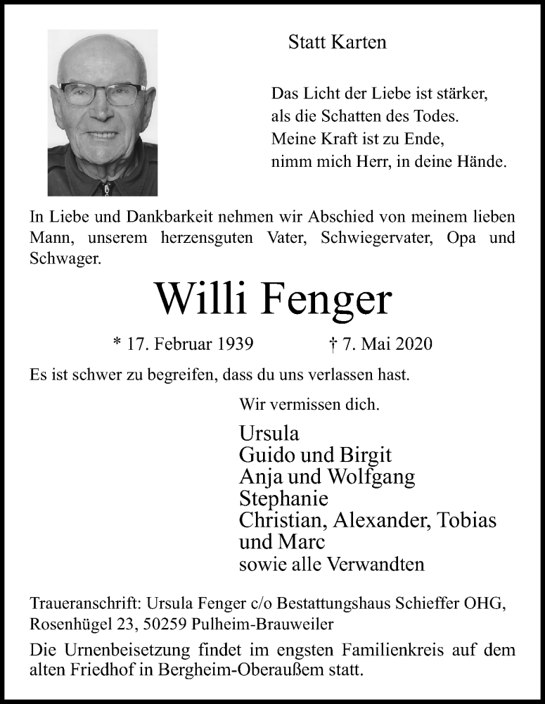  Traueranzeige für Willi Fenger vom 16.05.2020 aus Kölner Stadt-Anzeiger / Kölnische Rundschau / Express
