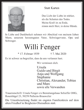 Anzeige von Willi Fenger von  Werbepost 
