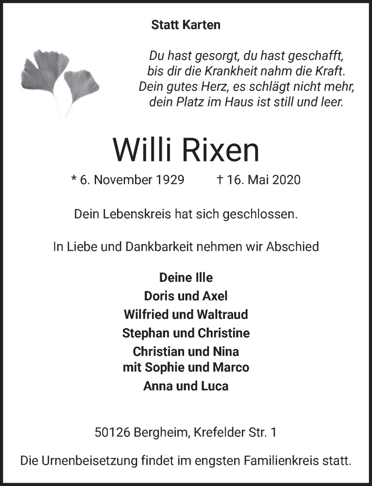 Traueranzeige für Willi Rixen vom 22.05.2020 aus  Werbepost 