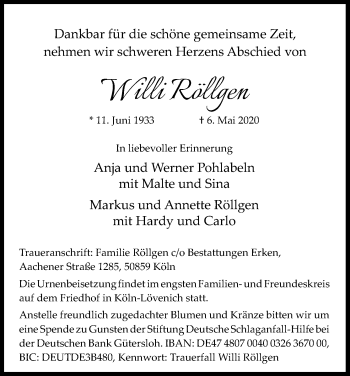 Anzeige von Willi Röllgen von Kölner Stadt-Anzeiger / Kölnische Rundschau / Express