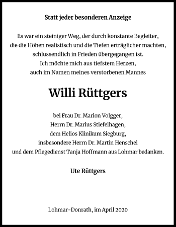 Anzeige von Willi Rüttgers von Kölner Stadt-Anzeiger / Kölnische Rundschau / Express