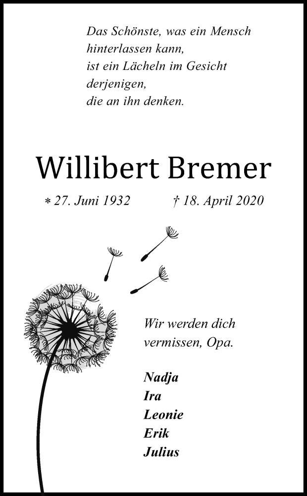  Traueranzeige für Willibert Bremer vom 02.05.2020 aus Kölner Stadt-Anzeiger / Kölnische Rundschau / Express