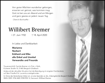 Anzeige von Willibert Bremer von Kölner Stadt-Anzeiger / Kölnische Rundschau / Express