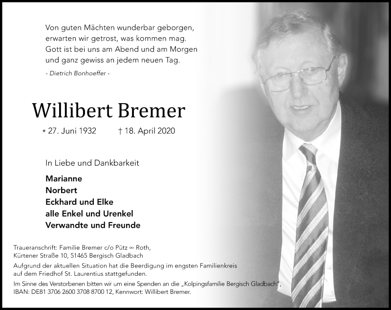  Traueranzeige für Willibert Bremer vom 02.05.2020 aus Kölner Stadt-Anzeiger / Kölnische Rundschau / Express