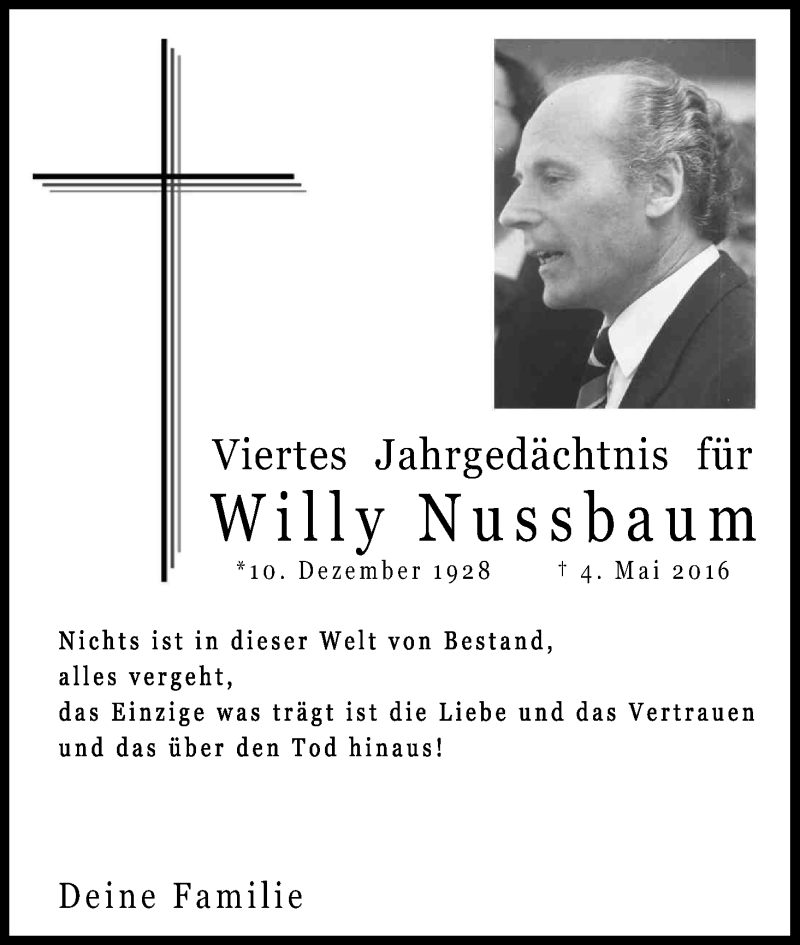  Traueranzeige für Willy Nussbaum vom 04.05.2020 aus Kölner Stadt-Anzeiger / Kölnische Rundschau / Express