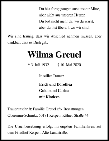 Anzeige von Wilma Greuel von Kölner Stadt-Anzeiger / Kölnische Rundschau / Express