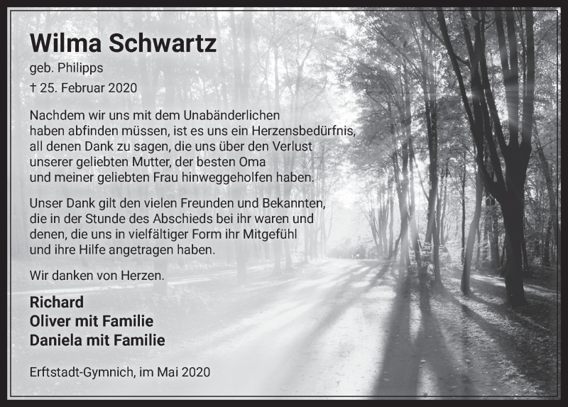  Traueranzeige für Wilma Schwartz vom 15.05.2020 aus  Werbepost 