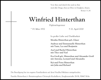 Anzeige von Winfried Hinterthan von Kölner Stadt-Anzeiger / Kölnische Rundschau / Express