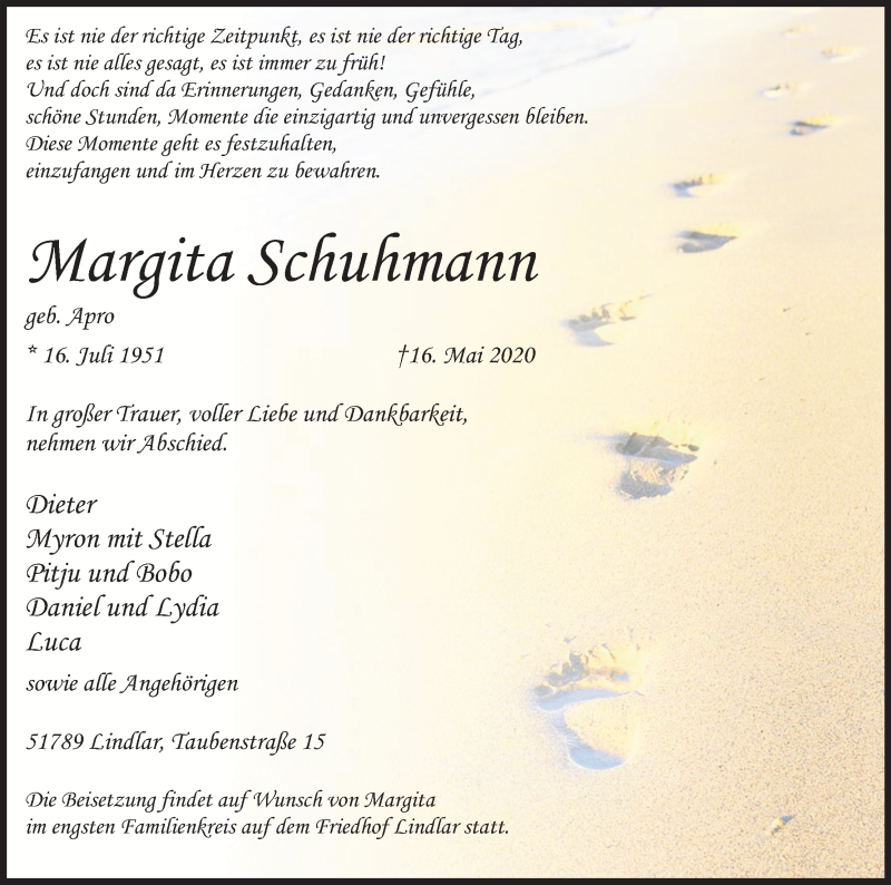  Traueranzeige für Wlargita Schuhmann vom 23.05.2020 aus Kölner Stadt-Anzeiger / Kölnische Rundschau / Express