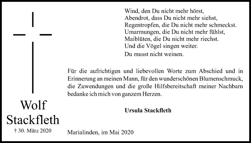  Traueranzeige für Wolf Stackfleth vom 02.05.2020 aus Kölner Stadt-Anzeiger / Kölnische Rundschau / Express