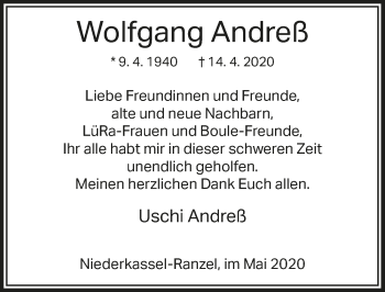 Anzeige von Wolfgang Andreß von  Extra Blatt 