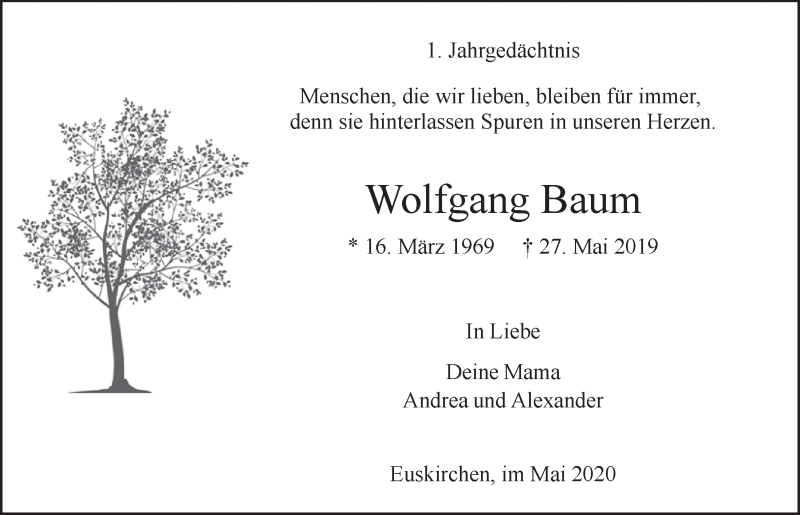  Traueranzeige für Wolfgang Baum vom 30.05.2020 aus  Blickpunkt Euskirchen 