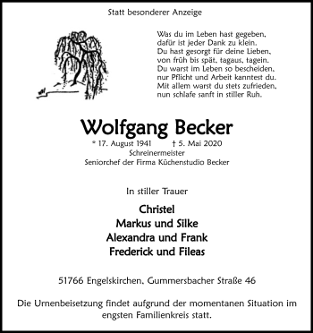 Anzeige von Wolfgang Becker von Kölner Stadt-Anzeiger / Kölnische Rundschau / Express