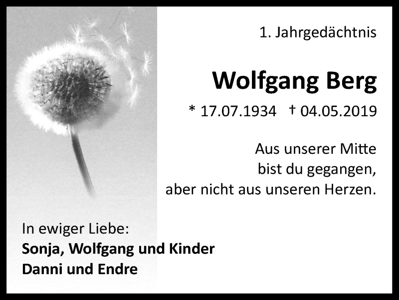  Traueranzeige für Wolfgang Berg vom 02.05.2020 aus Kölner Stadt-Anzeiger / Kölnische Rundschau / Express