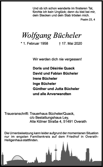 Anzeige von Wolfgang Bücheler von Kölner Stadt-Anzeiger / Kölnische Rundschau / Express