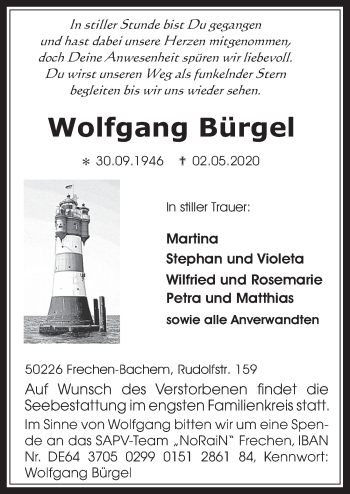 Anzeige von Wolfgang Bürgel von  Wochenende 