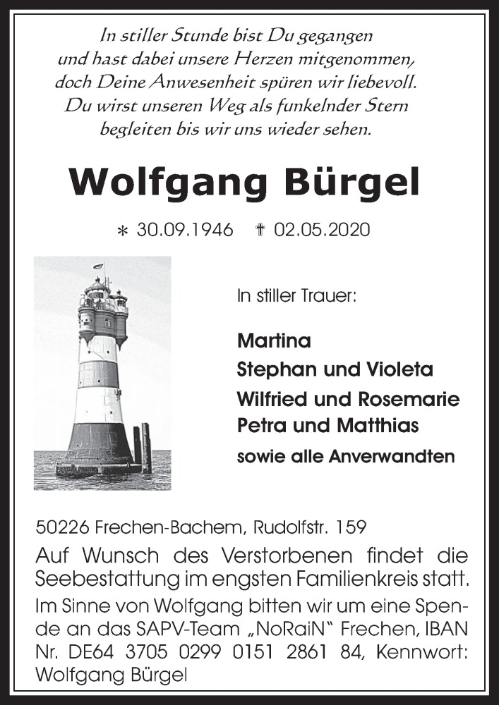  Traueranzeige für Wolfgang Bürgel vom 08.05.2020 aus  Wochenende 