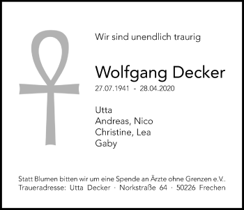 Anzeige von Wolfgang Decker von Kölner Stadt-Anzeiger / Kölnische Rundschau / Express