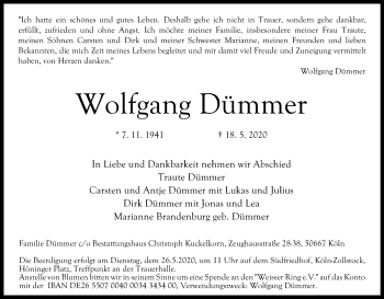 Anzeige von Wolfgang Dümmer von Kölner Stadt-Anzeiger / Kölnische Rundschau / Express