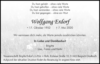 Anzeige von Wolfgang Erdorf von Kölner Stadt-Anzeiger / Kölnische Rundschau / Express