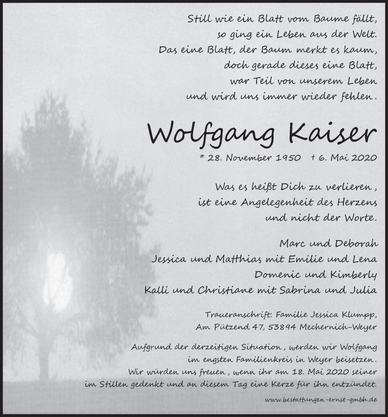  Traueranzeige für Wolfgang Kaiser vom 16.05.2020 aus  Blickpunkt Euskirchen 