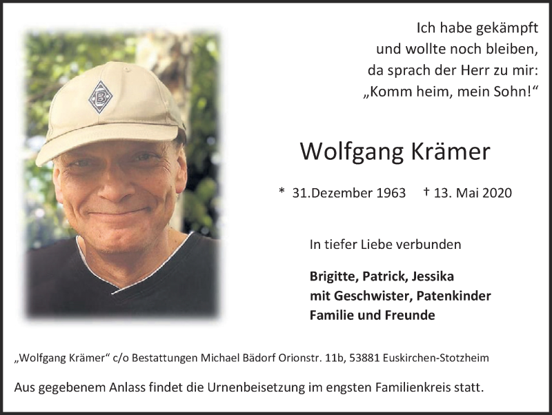  Traueranzeige für Wolfgang Krämer vom 23.05.2020 aus  Blickpunkt Euskirchen 