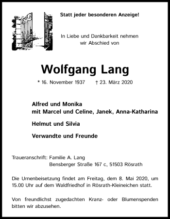 Anzeige von Wolfgang Lang von Kölner Stadt-Anzeiger / Kölnische Rundschau / Express