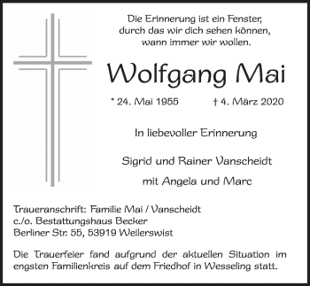 Anzeige von Wolfgang Mai von  Schlossbote/Werbekurier 