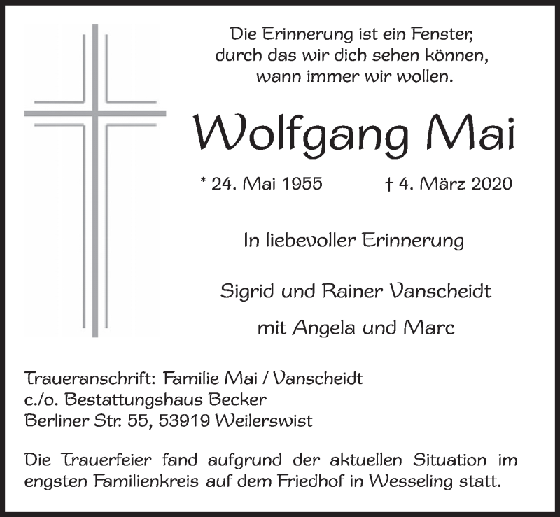  Traueranzeige für Wolfgang Mai vom 15.05.2020 aus  Schlossbote/Werbekurier 