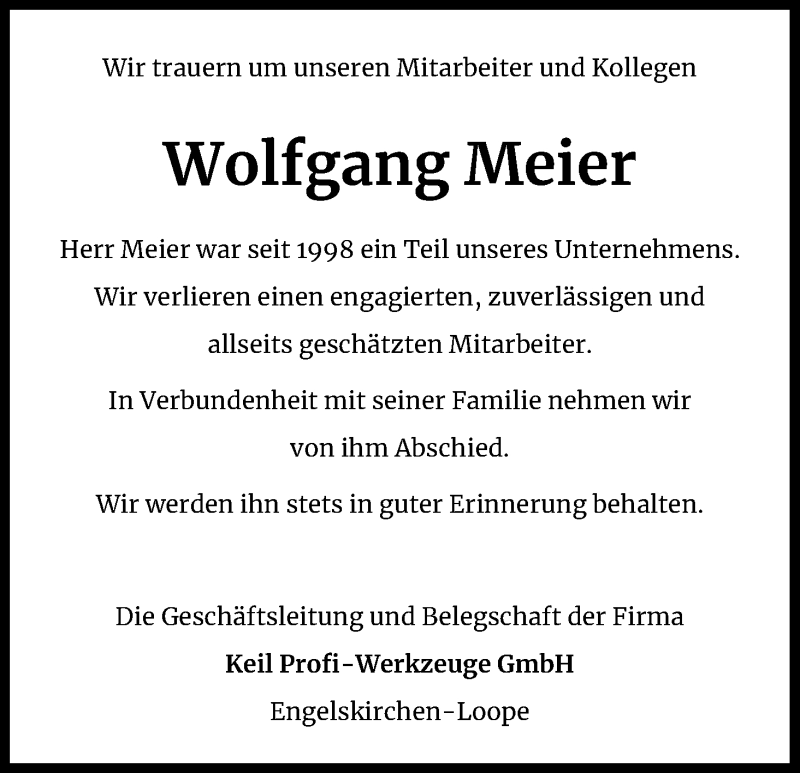  Traueranzeige für Wolfgang Meier vom 21.05.2020 aus Kölner Stadt-Anzeiger / Kölnische Rundschau / Express
