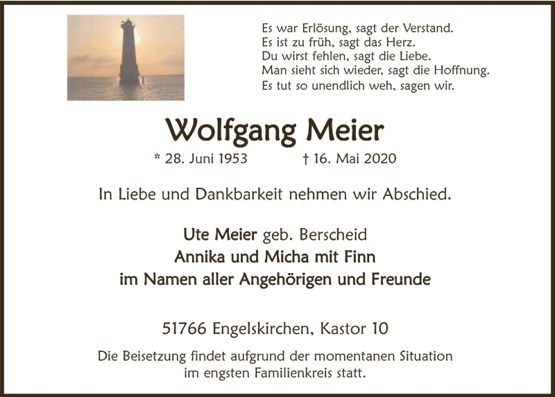  Traueranzeige für Wolfgang Meier vom 22.05.2020 aus  Anzeigen Echo 