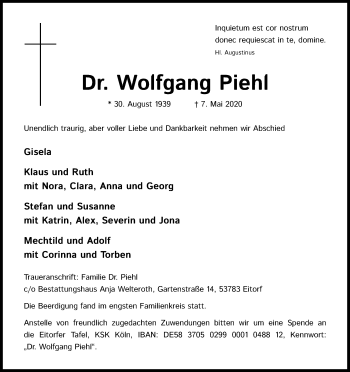 Anzeige von Wolfgang Piehl von Kölner Stadt-Anzeiger / Kölnische Rundschau / Express