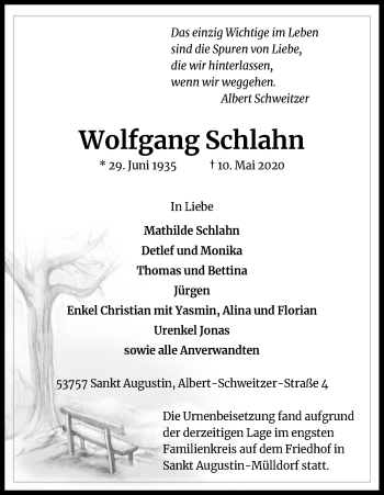 Anzeige von Wolfgang Schlahn von Kölner Stadt-Anzeiger / Kölnische Rundschau / Express