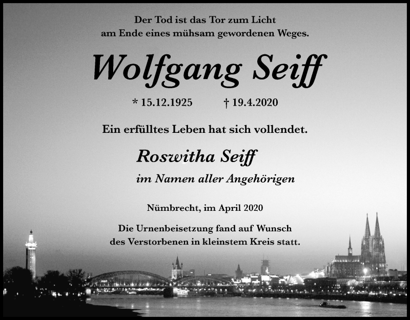  Traueranzeige für Wolfgang Seiff vom 02.05.2020 aus Kölner Stadt-Anzeiger / Kölnische Rundschau / Express