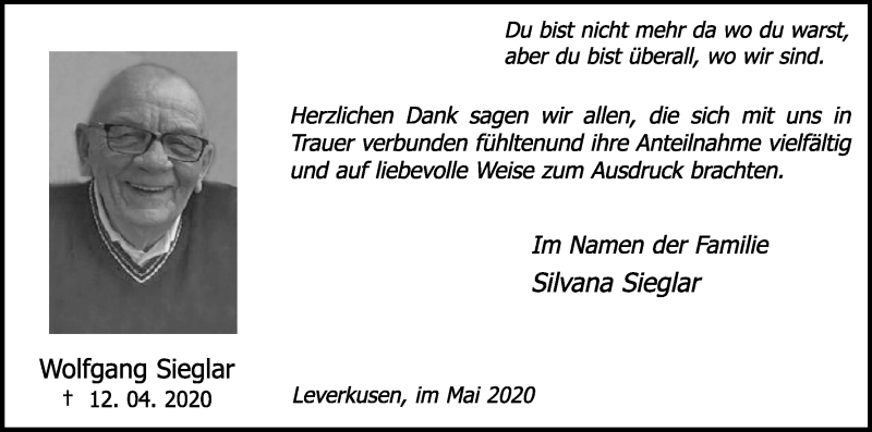  Traueranzeige für Wolfgang Sieglar vom 30.05.2020 aus Kölner Stadt-Anzeiger / Kölnische Rundschau / Express