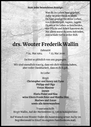 Anzeige von Wouter Frederik Wallin von Kölner Stadt-Anzeiger / Kölnische Rundschau / Express
