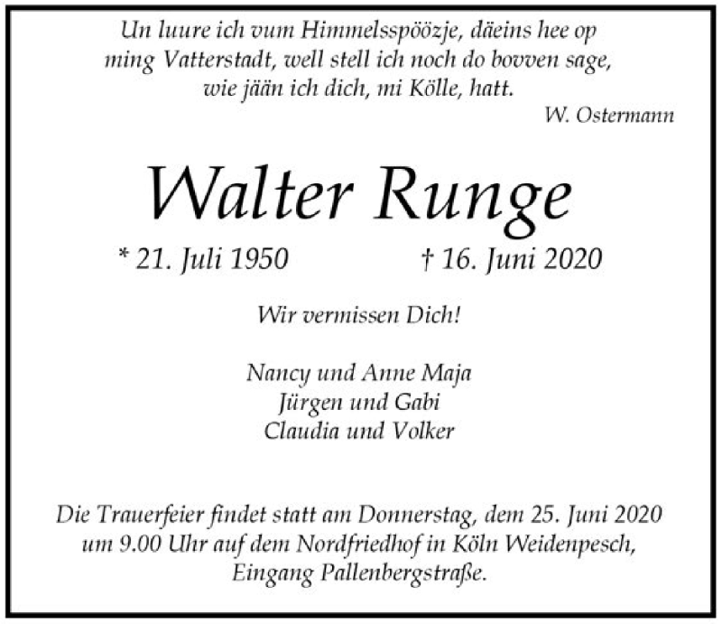  Traueranzeige für Walter Runge vom 22.06.2020 aus Kölner Stadt-Anzeiger / Kölnische Rundschau / Express