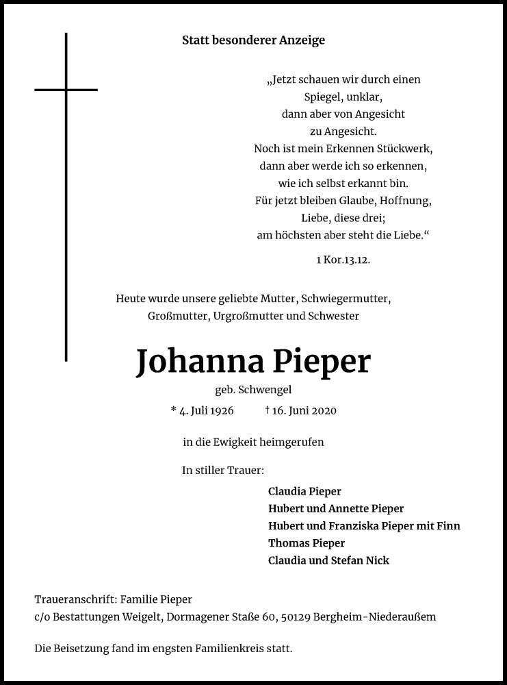 Traueranzeige für Johanna Pieper vom 23.06.2020 aus Kölner Stadt-Anzeiger / Kölnische Rundschau / Express