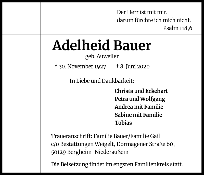  Traueranzeige für Adelheid Bauer vom 13.06.2020 aus Kölner Stadt-Anzeiger / Kölnische Rundschau / Express