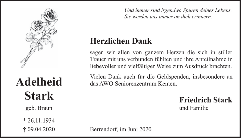  Traueranzeige für Adelheid Stark vom 19.06.2020 aus  Werbepost 