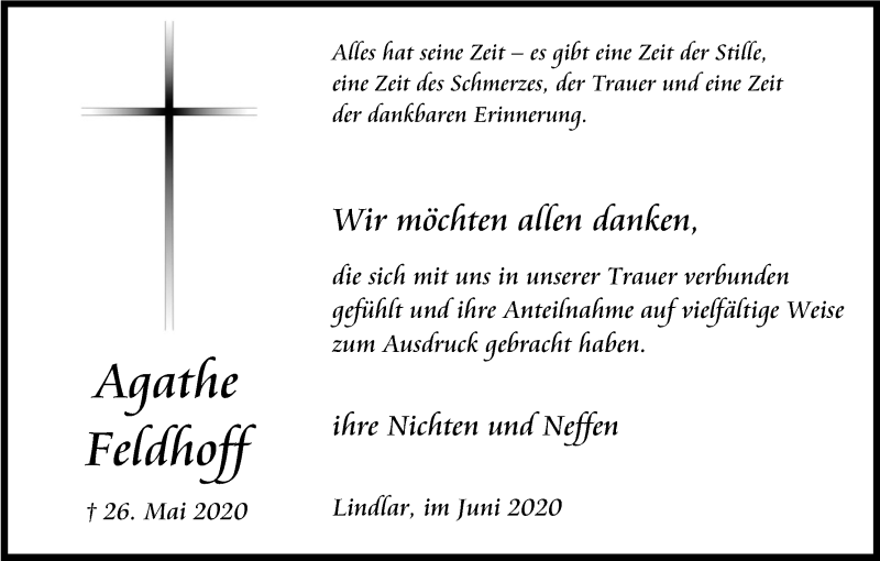  Traueranzeige für Agathe Feldhoff vom 27.06.2020 aus Kölner Stadt-Anzeiger / Kölnische Rundschau / Express