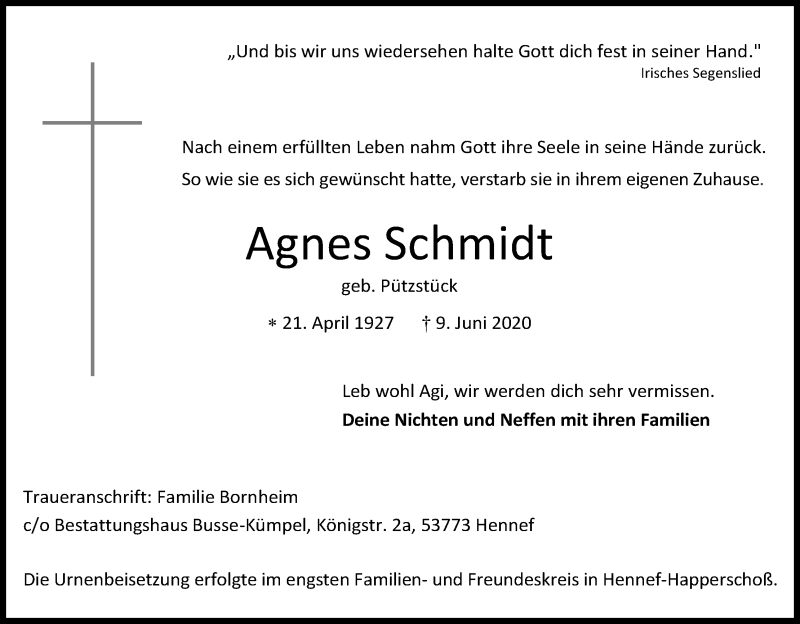  Traueranzeige für Agnes Schmidt vom 20.06.2020 aus Kölner Stadt-Anzeiger / Kölnische Rundschau / Express