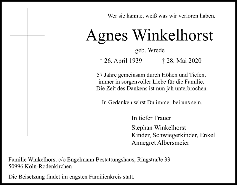  Traueranzeige für Agnes Winkelhorst vom 04.06.2020 aus Kölner Stadt-Anzeiger / Kölnische Rundschau / Express