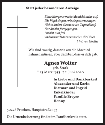 Anzeige von Agnes Wolter von  Wochenende 
