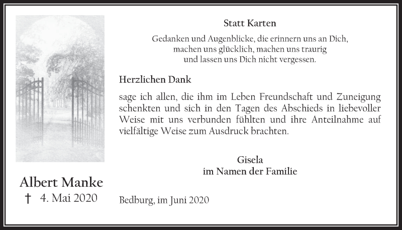  Traueranzeige für Albert Manke vom 19.06.2020 aus  Werbepost 