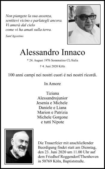 Anzeige von Alessandro Innaco von Kölner Stadt-Anzeiger / Kölnische Rundschau / Express