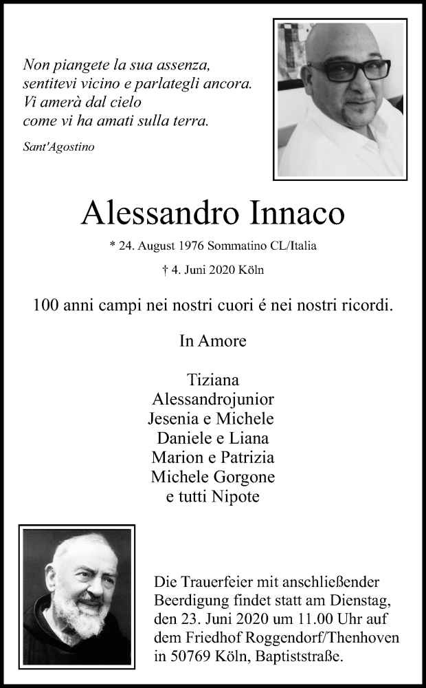  Traueranzeige für Alessandro Innaco vom 20.06.2020 aus Kölner Stadt-Anzeiger / Kölnische Rundschau / Express