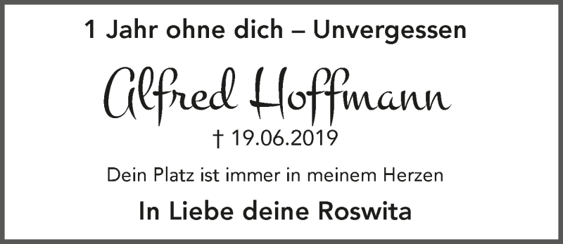  Traueranzeige für Alfred Hoffmann vom 19.06.2020 aus  Anzeigen Echo 