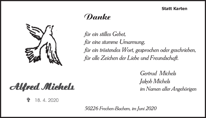  Traueranzeige für Alfred Michels vom 12.06.2020 aus  Wochenende 