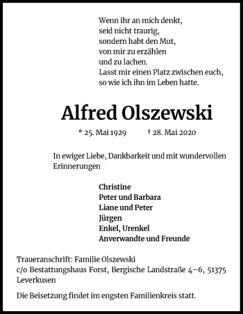 Anzeige von Alfred Olszewski von Kölner Stadt-Anzeiger / Kölnische Rundschau / Express